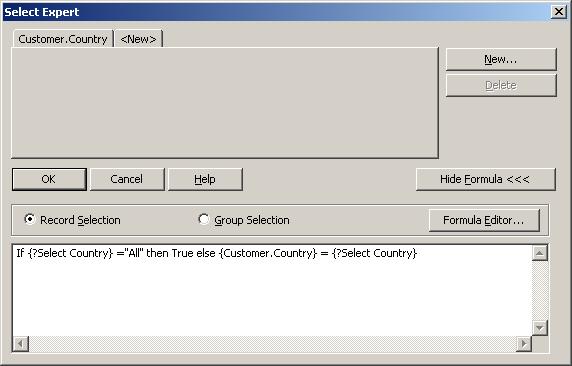 crystal Reports Select Expert for All Parameter option
