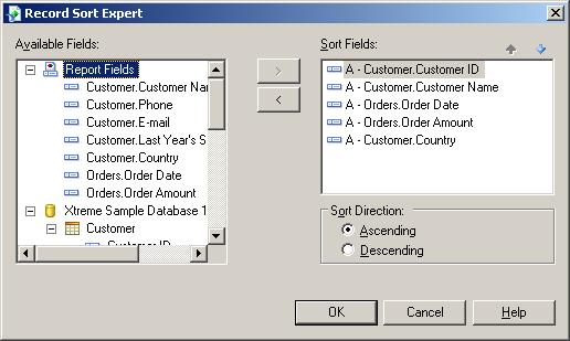 Crystal Reports 2008 Record Sort Expert dialog box