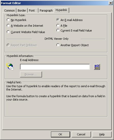 Crystal Reports Hyperlink dialog box for Email, Websites and Files