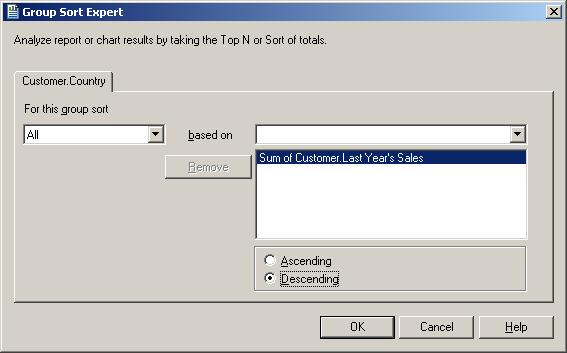 Crystal Reports Group Sort Expert dialog box