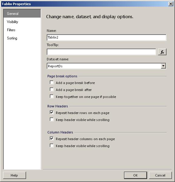 SSRS 2008 Tablix Properties dialog box