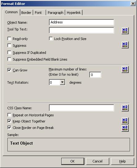 Text object formatting dialog box